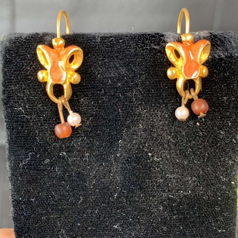 Flow of Life Tibetan Gold Earrings with Coral Inlay and Dangling Beads